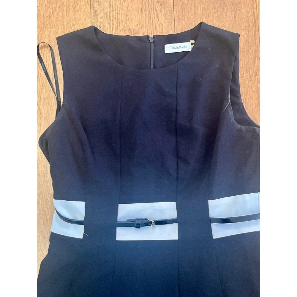 Calvin Klein Black White Colorblock Belted A-Line Midi Dress Career Women 6